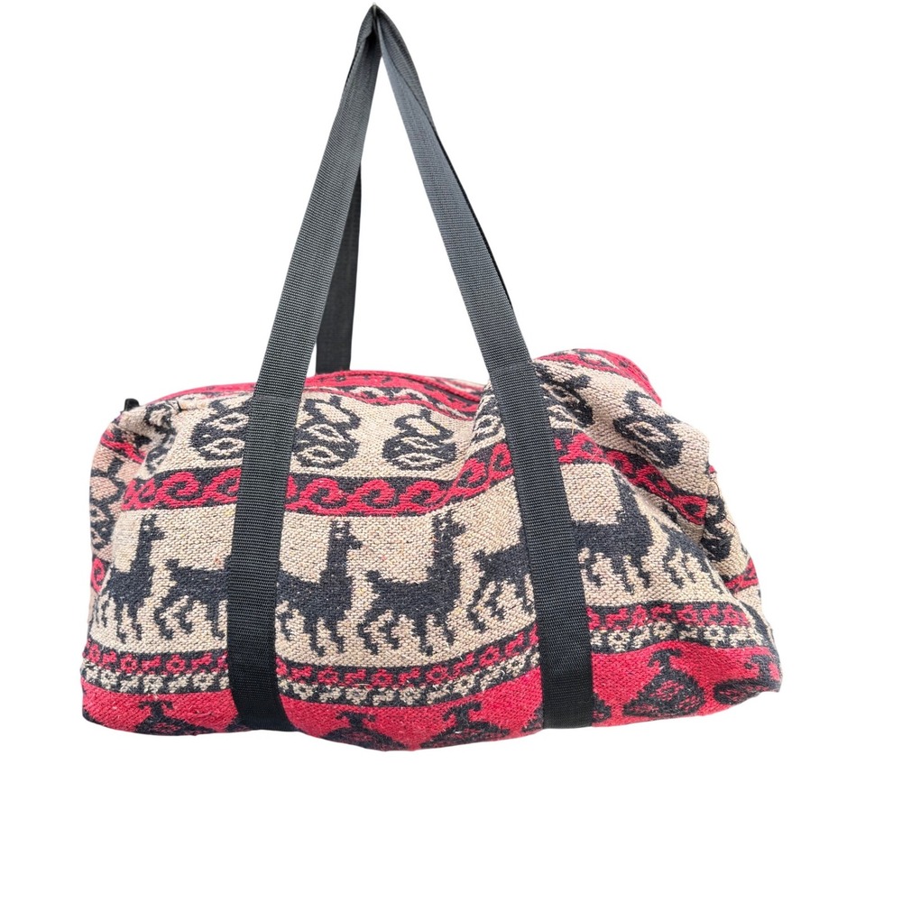 Vintage Llama Print Woven Duffle Bag Red Black Boho Southwestern Weekender